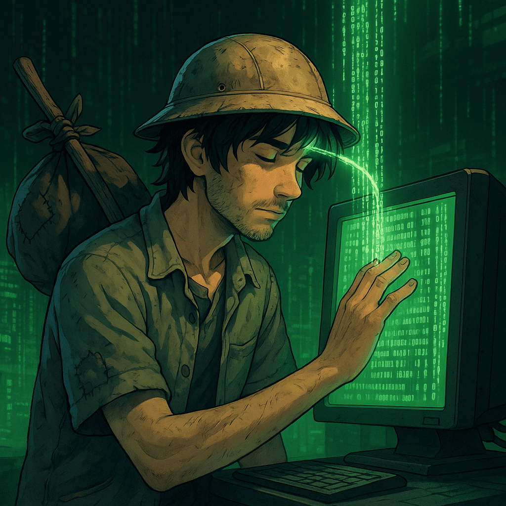 персонаж перенимает информацию из компьютера